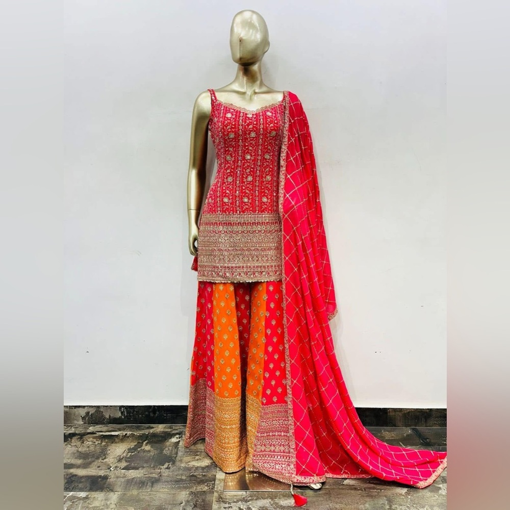 Strappy kurta with palazzo with heavy golden embroidery.